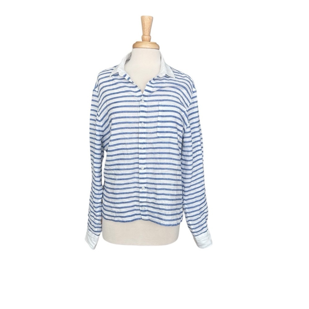 Escales Paris White & Blue Stripes Linen Shirt Size Medium